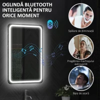 HOMCOM Oglindă de baie LED cu Bluetooth, iluminare reglabilă și funcție de memorie, din sticlă securizată, 70x50x3,5 cm(m-5)