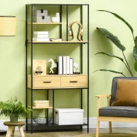 HOMCOM Estante Industrial de 5 Níveis Estante para Livros com 2 Gavetas e Estrutura de Metal 80x30x170,5 cm Madeira e Preto(m-12)