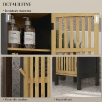 HOMCOM Dulap de Baie cu Raft Deschis și Dulăpior, din MDF și Bambus, 32x30x90,5 cm, Negru și culoare Lemn(m-7)