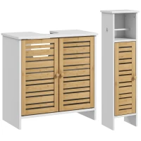 HOMCOM Conjunto de Móveis para Casa de Banho Inclui 1 Móvel para Lavatório Pousar 1 Coluna Casa de Banho com Portas de Bambu Suporte para Papel Higiénico e Prateleiras Ajustáveis Branco e Madeira(m-1)