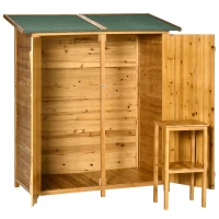 Outsunny Magazie de Gradina din Lemn cu 2 Usi cu Taburet Inalt cu 2 Rafturi si Acoperis Hidrofug, 140x75x157 cm(m-12)