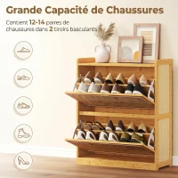 HOMCOM Meuble à chaussures 14 paires, armoire à chaussures 2 tiroirs rabattables, étagères réglables, 69x29x83cm, bois naturel(m-5)