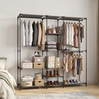 HOMCOM Dulap Textil Compact cu 3 Bare pentru Umerașe, 5 Rafturi și Structură din Oțel, 182 x 43 x 182 Cm, Negru(m-8)