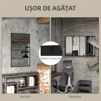 HOMCOM Oglindă de perete în stil industrial cu 4 cârlige, din sticlă multistrat, metal și MDF, 109x2x69 cm, negru(m-5)