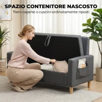 HOMCOM Divano 2 Posti con Spazio Portaoggetti e Cuscini, in Tessuto Effetto Lino e Legno, 135x72x84 cm, Grigio Scuro(m-4)