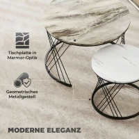 HOMCOM Couchtische im 2er-Set, Marmoroptik, Spanplatte, Metall, runde Kaffeetische für Wohnzimmer, ineinanderstellbar Grau+Weiß(m-5)