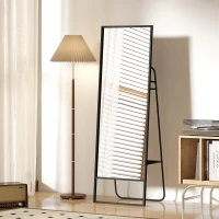 HOMCOM Ganzkörperspiegel, industrielles Design, hinteres Regal, 2 Haken, Metallrahmen, für Schlafzimmer, 157 x 50 cm, Schwarz(m-10)