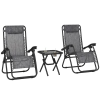 Outsunny 3pcs Folding Zero Gravity Chairs Sun Lounger Table Set w/ Cup Holders Reclining Garden Yard Pool, Light Grey(m-24)