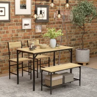 HOMCOM Square Dining Set for 4 Persons, Table, Chairs and Bench Included, Natural Wood Effect(m-10)