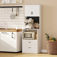 HOMCOM Mueble Auxiliar de Cocina con Soporte para Microondas 2 Cajones 2 Puertas y Panel Perforado de Metal Blanco(m-10)
