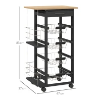 HOMCOM Carrinho de Cozinha com Rodas Carrinho Auxiliar com Gaveta 4 Cestas Amovíveis de Metal e Prateleiras Laterais 47x37x83 cm Preto e Madeira(m-3)