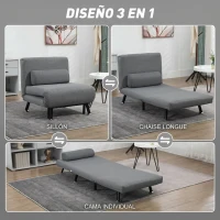 HOMCOM Sofá Cama Individual Plegable con Respaldo Ajustable de 5 Niveles Cojín y Tapizado de Lino Sintético 75x70x75 cm Gris(m-4)