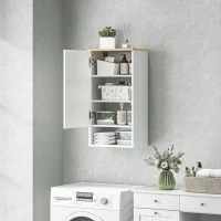 HOMCOM Wandmontierter Badezimmerschrank, Wandschrank für Badezimmer mit verstellbaren Ablagen, offenem Fach, Holz, Weiß(m-10)