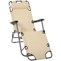 Outsunny 2 in 1 Folding Sun Lounger Reclining Garden Chair with 2-Level Adjustable Backrest, Outdoor Zero Gravity Recliner Garden Chair with Head Pillow and Armrests, Beige(m-1)
