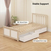 HOMCOM Pine Storage Bed, 3ft Single Solid Wooden Bed Frame with Drawers, Headboard, Wood Slat Support, Natural Wood Finish(m-5)