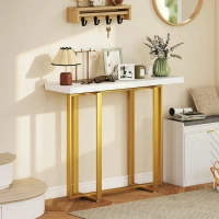 HOMCOM Console Table with Faux Marble Top, 100 cm Narrow Entryway Table with Anti-tipping Device, Steel Frame, White(m-10)