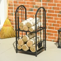 Outsunny Suport lemne cu 2 rafturi din metal, cu lopată, mătură, cârlig și clește, 41,5x32,5x74,5 cm, negru(m-6)