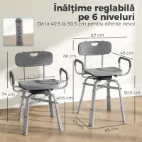 HOMCOM Scaun de Duș Rotativ cu Înălțime Reglabilă, Brațe și Spătar, Capacitate 150 kg, Gri(m-3)