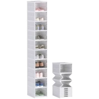 HOMCOM Lot de 10 boîtes à chaussures pliables en plastique empilables avec couvercles, pour pointure jusqu'à 43, blanc(m-12)