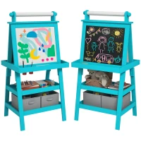 AIYAPLAY Tablă pentru Copii cu Șevalet 3 în 1, Rolă de Hârtie și 2 Containere, din Lemn, 59x48x118 cm, Albastru(m-11)