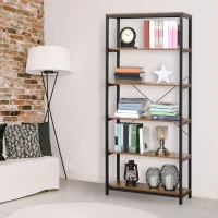 HOMCOM Bücherregal mit 5 Fächer, Standregal, Industriestil, Wohnzimmer, Schlafzimmer, Büro, E1 Spanplatte, Braun, 80 x 30 x 180 cm(m-10)