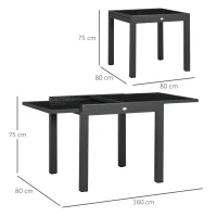 Outsunny Tavolo da Pranzo Allungabile da Giardino con Piano in Vetro e Alluminio, 80-160x80x75 cm, Nero(m-3)