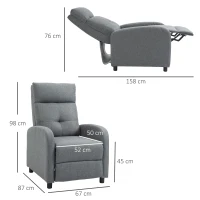 HOMCOM Fotoliu Reclinabil 155° max cu Tapițerie din Material Textil cu Aspect de In, Gri, și Suport pentru Picioare, 67x87x98 cm(m-3)