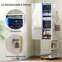 HOMCOM Dulap pentru Bijuterii cu Oglindă Rotativă 360°, Lumină LED Reglabilă, Încuietoare și Rafturi, 37x40x165,5 cm, Negru(m-9)