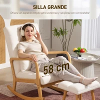 HOMCOM Silla Mecedora con Reposapiés Tapizado en Bouclé Cojín Acolchado y Reposabrazos y Patas de Madera Carga 120 kg Blanco(m-7)