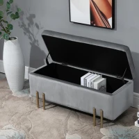 HOMCOM Banc de rangement coffre de rangement design contemporain- banc avec espace de stockage - dim. 100L x 40l x 42H cm - velours gris clair piètement métal doré(m-10)