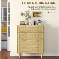 HOMCOM Comodă cu 4 Sertare, Stil Boho, din Lemn și Ratan, 90x45x108,5cm, Stejar(m-4)