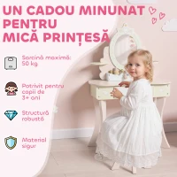 AIYAPLAY Set Măsuță de Toaletă cu Oglindă și Scăunel din Lemn 2 în 1 pentru Copii cu 7 Accesorii Incluse, Roz(m-8)
