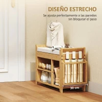 HOMCOM Banco Zapatero con Asiento Acolchado Almacenamiento Lateral Estante para Botas Marco de Bambú 80x30x50 cm Natural(m-7)