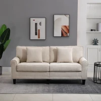 HOMCOM Canapé 3 places en tissu velours côtelé, canapé salon, 197 cm, avec accoudoirs et dossier rembourrées, canapé avec 2 oreillers, pieds en bois massif de pin, pour salon, chambre, bureau, beige(m-2)