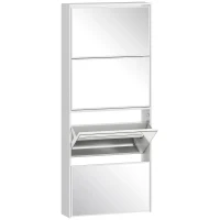 HOMCOM Sapateira Estreita com Espelho 4 Portas Abatíveis para 12 Pares de Sapatos para Espaços Reduzidos 63x17x146 cm Branco(m-1)