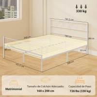 HOMCOM Estructura de Cama 160x200 cm con Cabecero Soporte de Listones de Acero Almacenamiento Bajo la Cama(m-3)