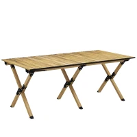 Outsunny Portable Camping Table, 4ft Aluminium Folding Table with Roll-Up Top, Picnic Table for Indoor, Outdoor, Party, BBQ, Beach, Natural Wood Effect(m-1)
