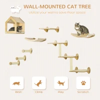 PawHut 8 Piece Cat Shelves Set, with Cat House, Three Perches, Three Scratching Posts(m-4)