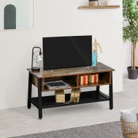 HOMCOM Meuble TV design industriel dim. 100L x 40l x 50H cm grand plateau 2 niches + étagère panneaux particules coloris boisé métal noir(m-10)