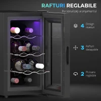 HOMCOM Cantineta Frigorifică pentru 8 Sticle de Vin, Capacitate 21L, Display Touch și Rafturi Reglabile, Negru(m-13)
