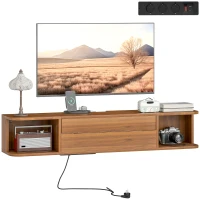 HOMCOM Mobilier TV Suspendat până la 50" cu Prize, USB și Tip C, Sertar și Rafturi, 120x24x22.4 cm, Nuc(m-11)
