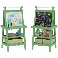 AIYAPLAY Tablă pentru Copii cu Șevalet 3 în 1, Sul de Hârtie și 2 Recipiente, din Lemn, 59x48x118 cm, Verde(m-11)