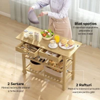 HOMCOM Cărucior de Bucătărie din Lemn de Bambus cu 2 Sertare, 2 Rafturi cu Șipci și 2 Roți, 100x43x75 cm, Culoare Lemn(m-4)