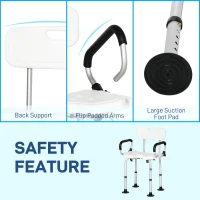 HOMCOM Shower Chair for the Elderly and Disabled, Height Adjustable Shower Stool with Back and Flipped Padded Arms, Suction Foot Pads, White(m-5)