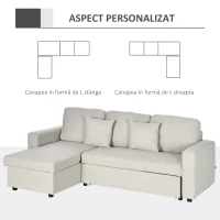 HOMCOM Canapea Extensibilă de Colț în Formă de L, 2 Locuri cu Șezlong Convertibil în Pat pentru o Persoană, Canapea cu Spațiu de Depozitare și 2 Perne, Crem(m-6)