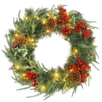 HOMCOM Couronne de Noël lumineuse 60 cm avec 35 LED, minuterie, 170 pointes, pommes de pin, baies, feuilles de houx, vert(m-1)