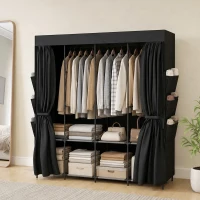 HOMCOM Dulap Textil Compact cu 5 Bare, 4 Rafturi, 6 Buzunare Laterale, Uși Antipraf cu Fermoar, Negru(m-2)