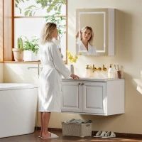 HOMCOM Dulap Baie cu Oglindă LED, 50x15x60 cm Mobilă Baie cu Funcție Anti-Aburire, Rafturi Reglabile, 3 Temperaturi de Lumină Dimmabile, Dulap Montat pe Perete din Sticlă, Alb(m-9)