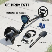 Outsunny Detector de Metale pentru Adulți cu Baterie, Detector Profesionist cu 3 Moduri pentru Aur, Lopată și Căști pentru Căutare de Comori pe Plajă, Impermeabil IP68, Display LCD(m-9)