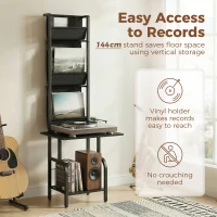 HOMCOM Vinyl Record Player Stand Record Storage with Player Stand Oxford Fabric Pockets Bottom Shelf, Black(m-5)